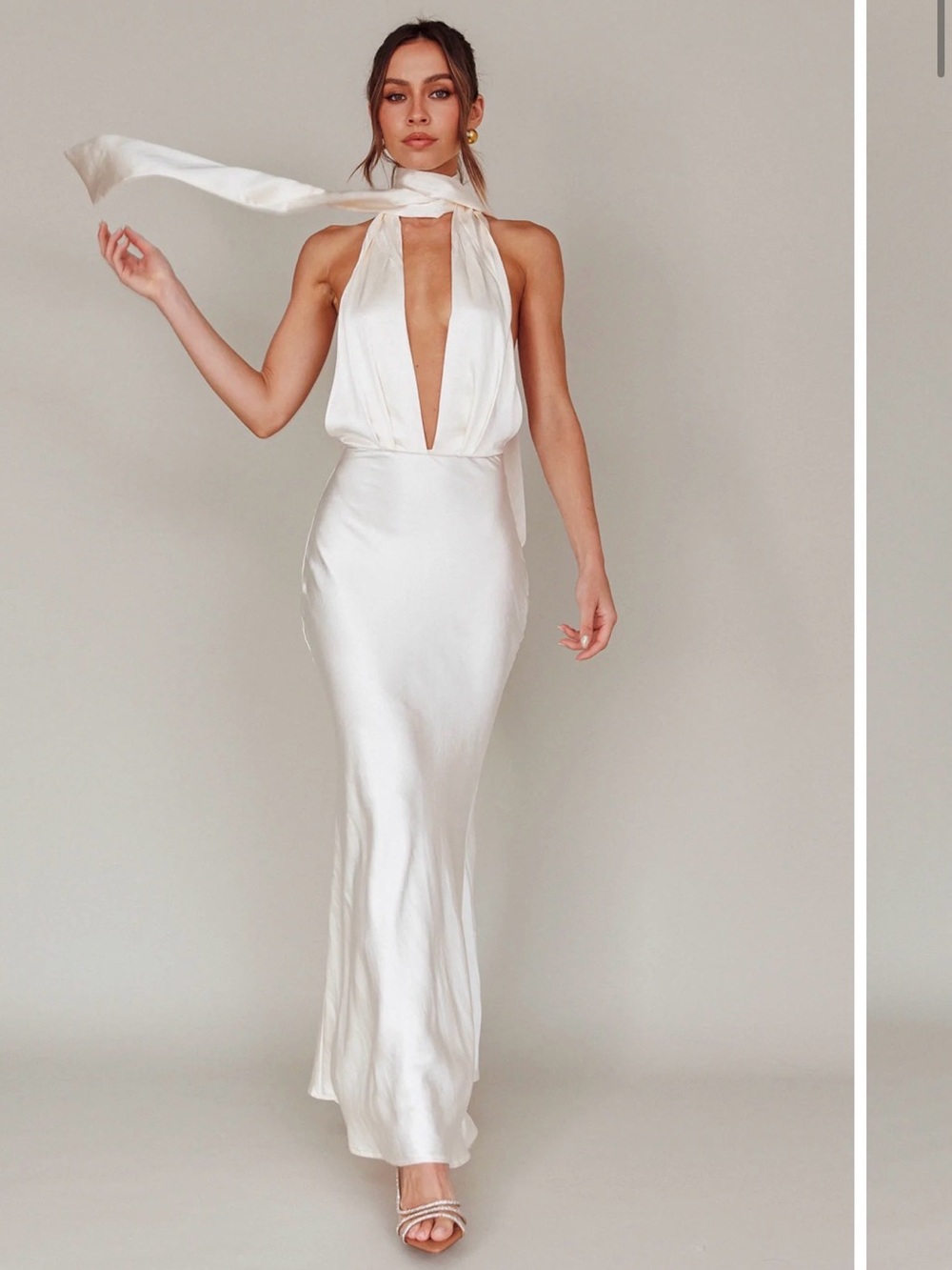 Selfie Leslie White Strapless Satin Plunge Maxi Dress